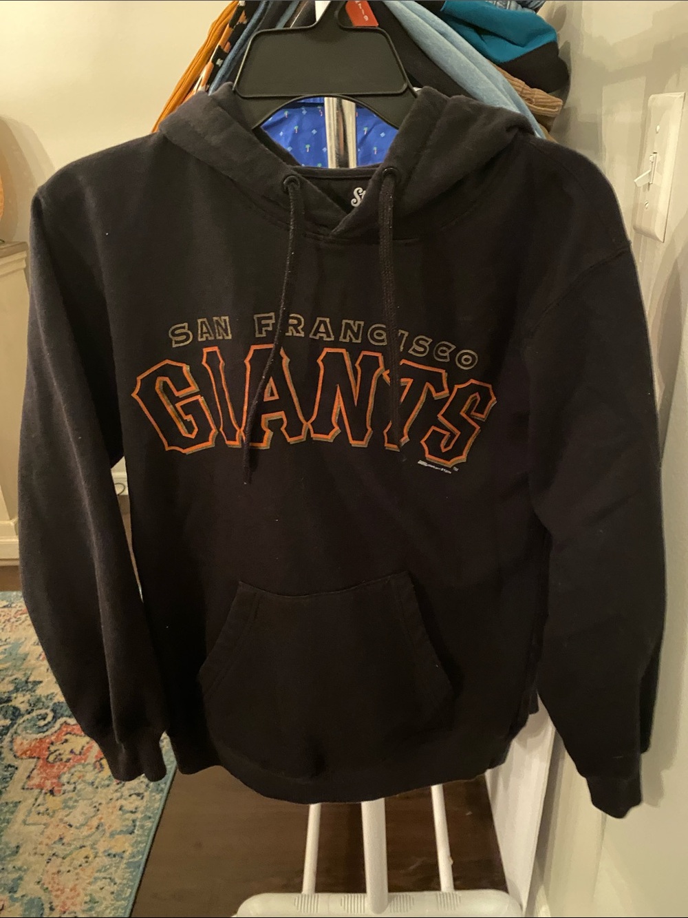 Stitches Black Hoodie with White Interior Print